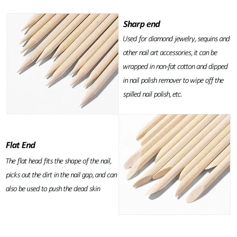 100PCS Cuticle Pusher Remover Nail Art Tools Orange Wood Sticks Rhinestones Picker Bead Pusher Manicure Pedicure Care