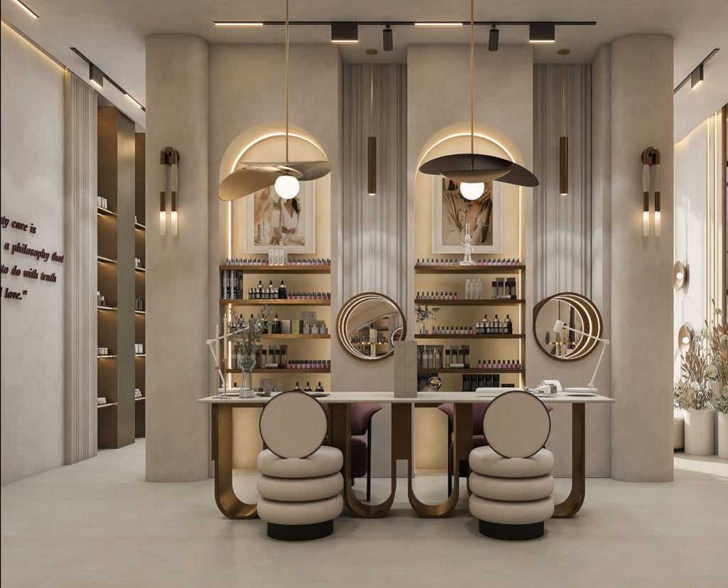 Luxury Beauty Salon Interior Design Skincare Store Manicure Station Wall Shelf  Spa Salon Display Furniture