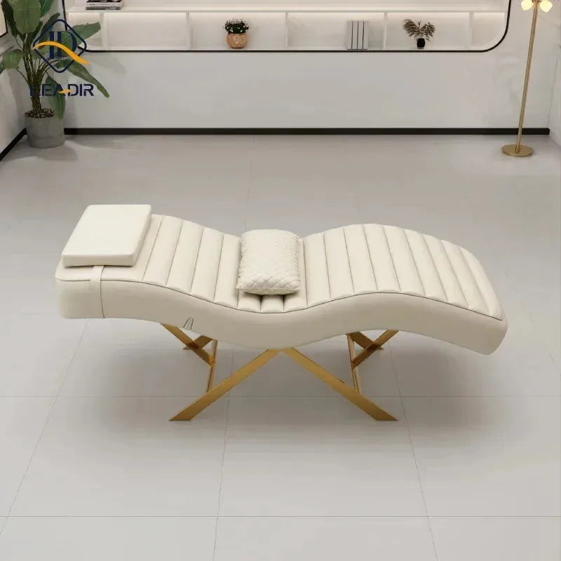 Modern gold base, massage table for beauty salon, eyelash extension, complete furniture set