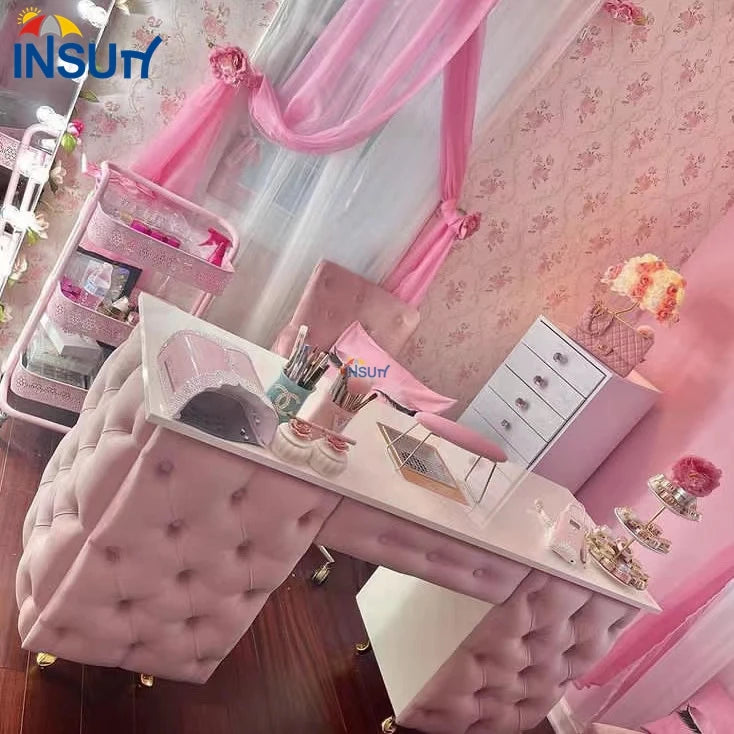 Modern pink Leather Nail Table Beauty Salon Furniture Manicure Table