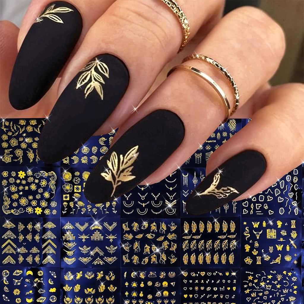 30 Sheets Golden Floral Nail Art Stickers - 3D Self-Adhesive Shimmering Leaf & Flower Designs for nail art
