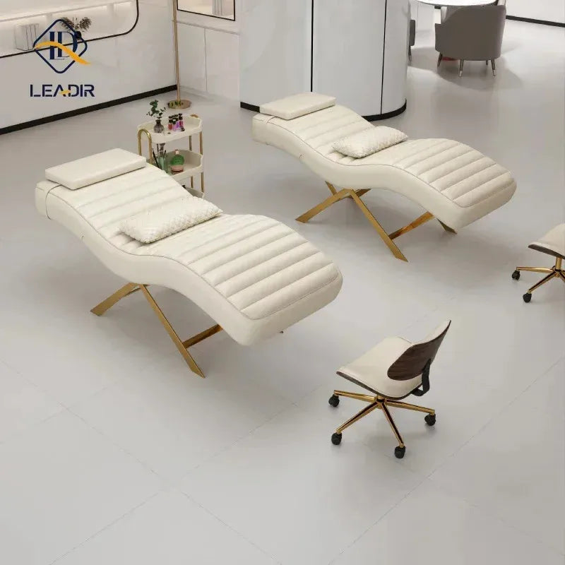 Modern gold base, massage table for beauty salon, eyelash extension, complete furniture set