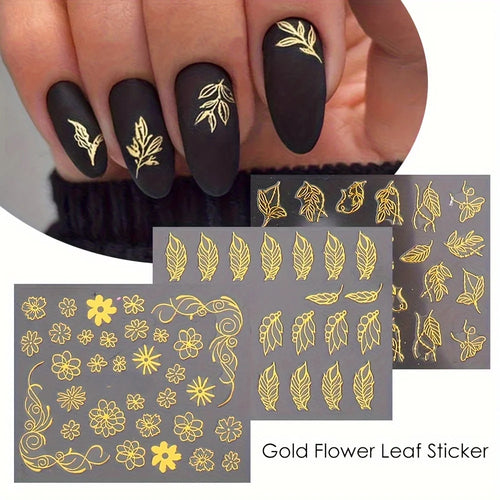 30 Sheets Golden Floral Nail Art Stickers - 3D Self-Adhesive Shimmering Leaf & Flower Designs for nail art