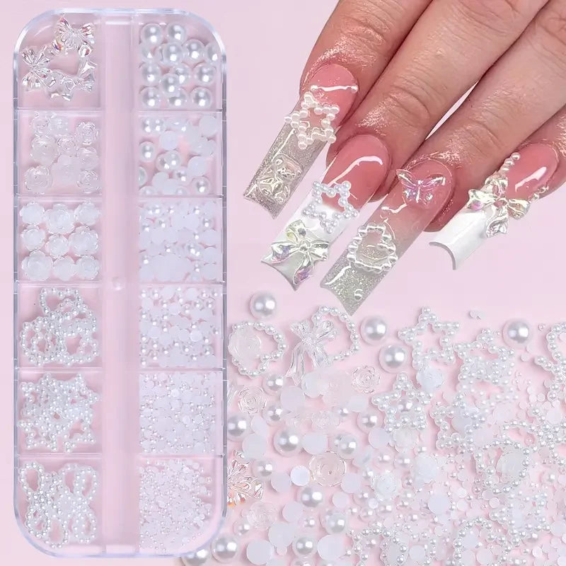 500PCS 3D Nail Art Decoration Kit with Resin Bows, Flat Back Pearls, and Assorted Shapes