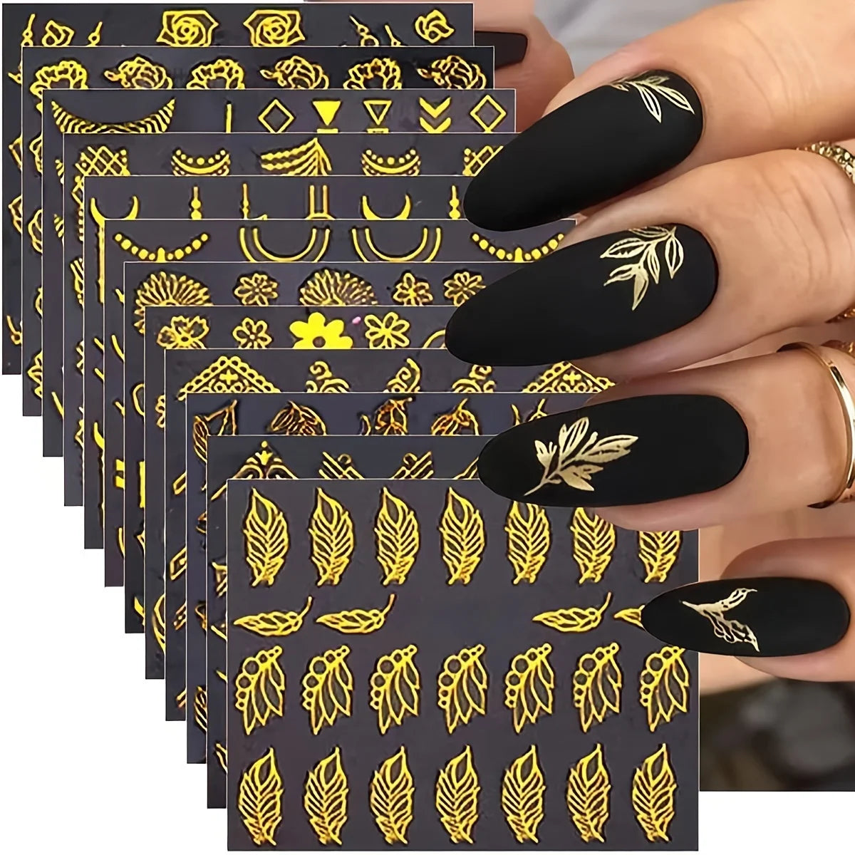 30 Sheets Golden Floral Nail Art Stickers - 3D Self-Adhesive Shimmering Leaf & Flower Designs for nail art