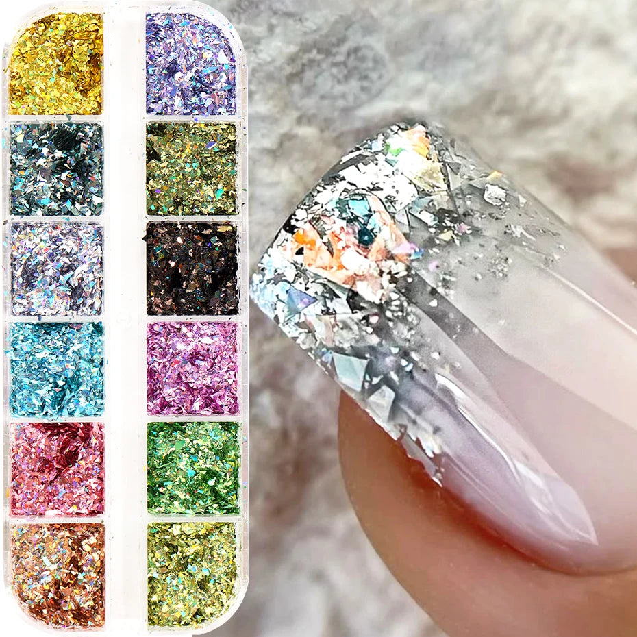 12 Holographic Glitter Nail Art Sequins Sparkly Irregular Nail Flakes Powder Nail Art Mermaid Makeup Manicure Decorations