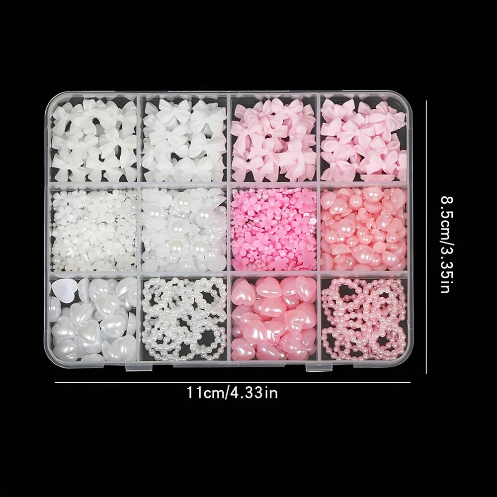 500PCS 3D Nail Art Decoration Kit with Resin Bows, Flat Back Pearls, and Assorted Shapes