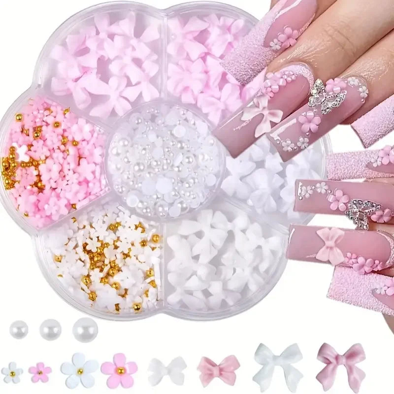 500PCS 3D Nail Art Decoration Kit with Resin Bows, Flat Back Pearls, and Assorted Shapes