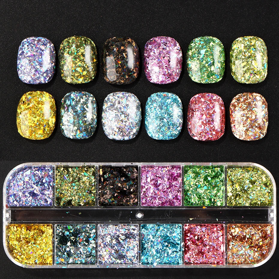 12 Holographic Glitter Nail Art Sequins Sparkly Irregular Nail Flakes Powder Nail Art Mermaid Makeup Manicure Decorations