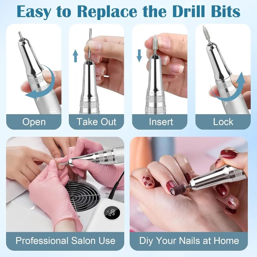 Professional 35000RPM Cordless Electric Nail File Drill for Acrylic Nails and Gel Remover Portable Rechargeable EFile with 7 Bi