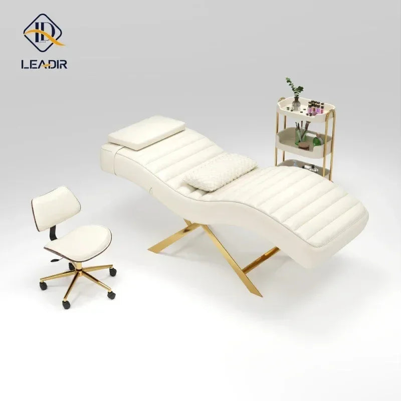 Modern gold base, massage table for beauty salon, eyelash extension, complete furniture set
