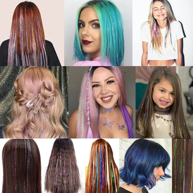 Shiny Sparkle Hair Tinsel  Colorful Glitter Bling Hair Extension Twinkle Kit Rainbow Women Hair Dazzles Accessories for Braiding