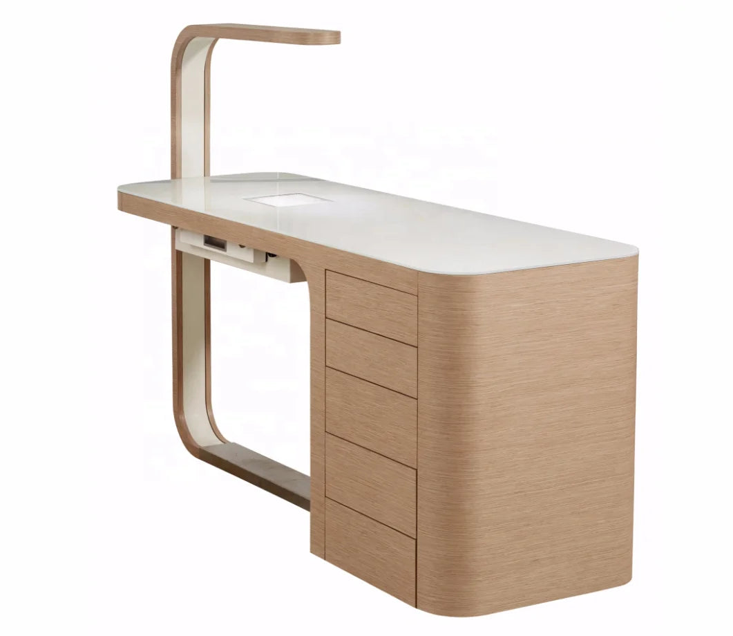 Veneer Nail Table High End Wood Tempered Glass Beauty Salon Furniture