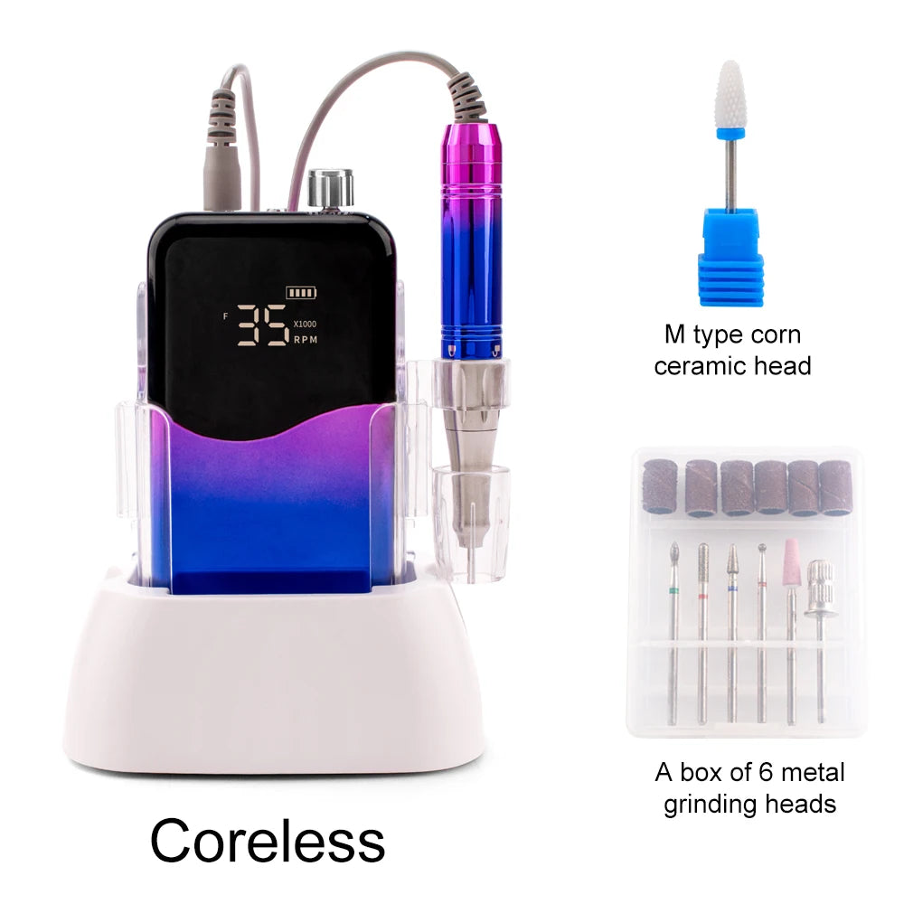 Cordless Motor Nail Drill 35000RPM Machine Portable Rechargeable Cordless Efile Powerful 65w Moving-coil Wave Display with Base