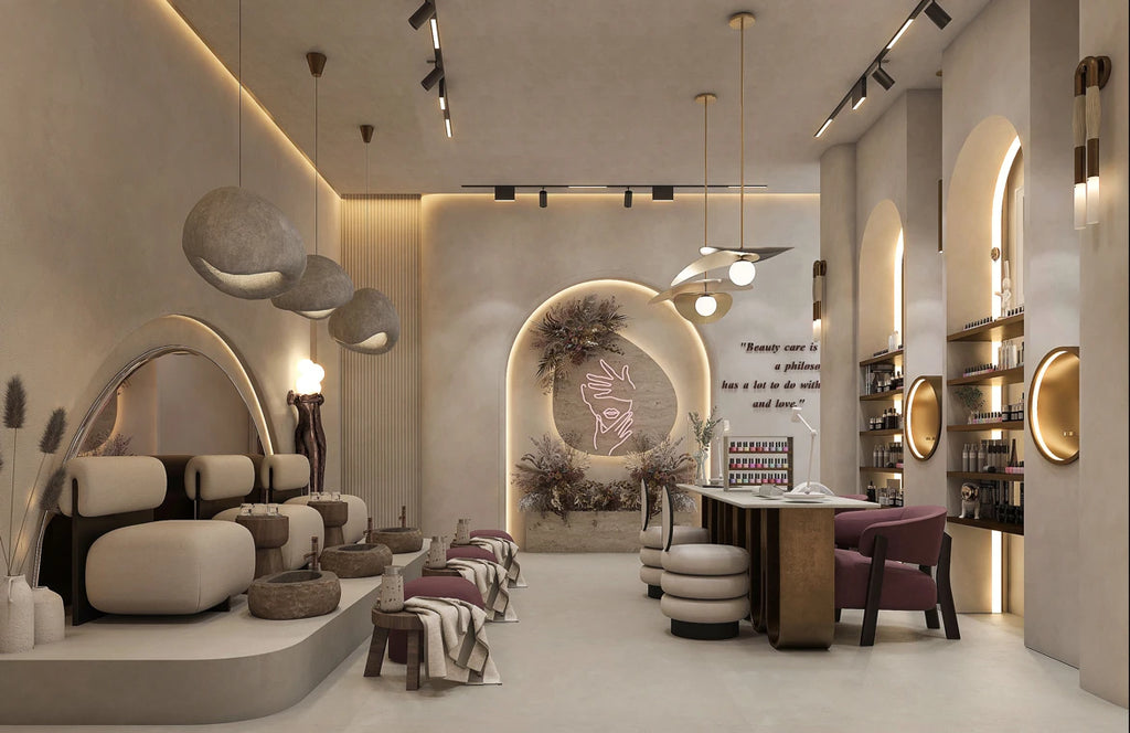 Luxury Beauty Salon Interior Design Skincare Store Manicure Station Wall Shelf  Spa Salon Display Furniture