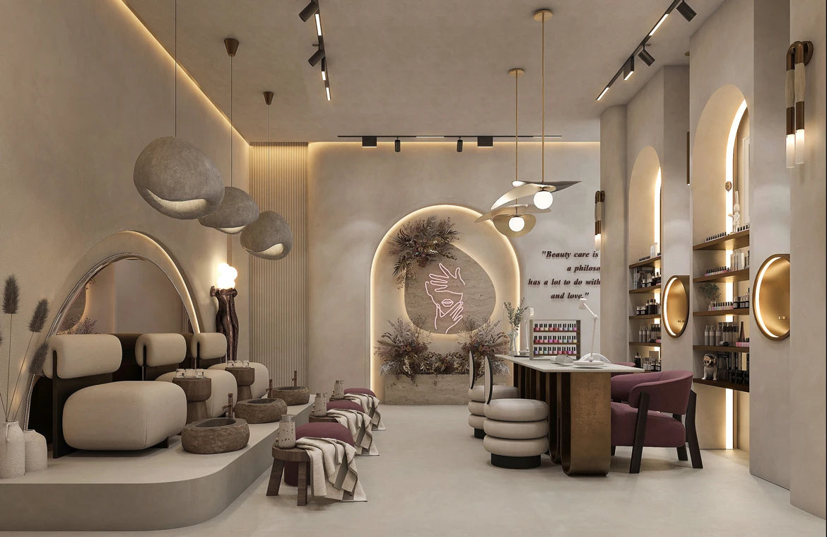 Luxury Beauty Salon Interior Design Skincare Store Manicure Station Wall Shelf  Spa Salon Display Furniture