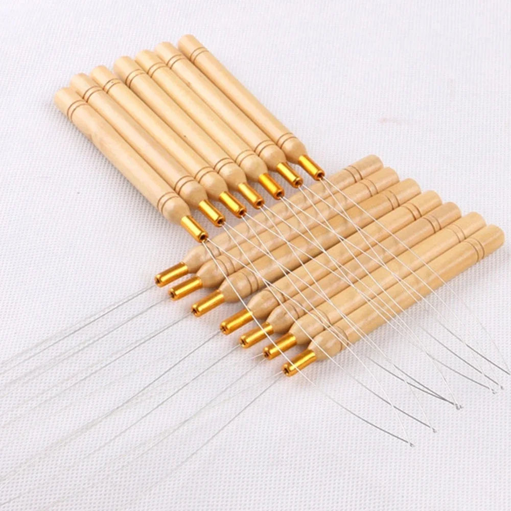 Wooden Handle Hair Extension Tool Accessories Cross Stitch Pulling Needle Beads Micro Rings Loop Threader Pulling Needle