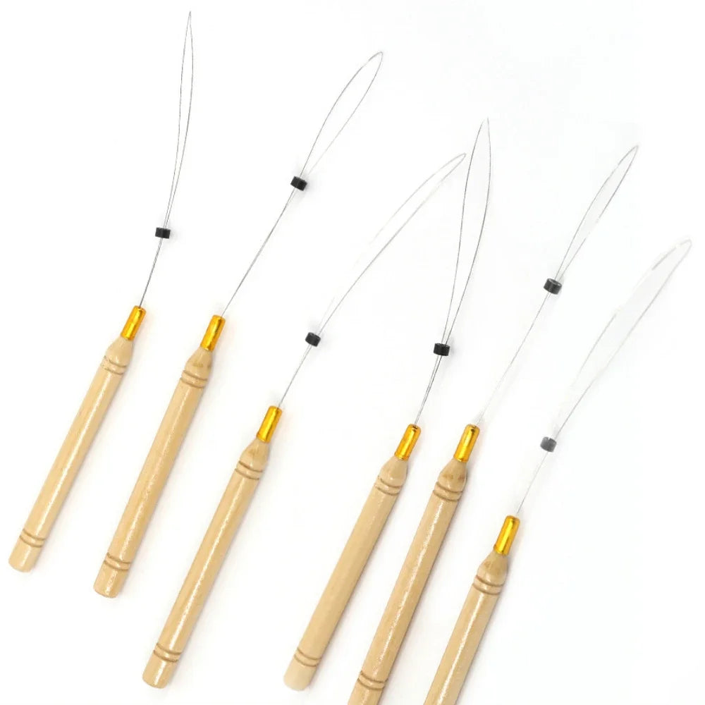Wooden Handle Hair Extension Tool Accessories Cross Stitch Pulling Needle Beads Micro Rings Loop Threader Pulling Needle