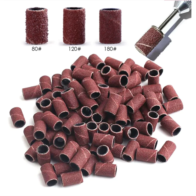 100/50pc Sanding Cap Bands For Electric Manicure Machine 180/120/80 Grit Nail Drill Grinding Bit Files Pedicure Tool Set