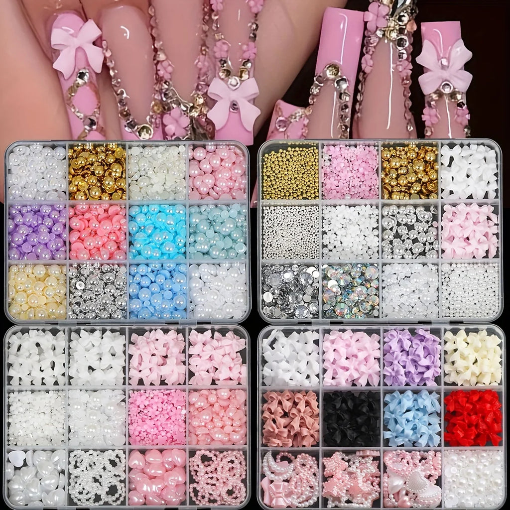 500PCS 3D Nail Art Decoration Kit with Resin Bows, Flat Back Pearls, and Assorted Shapes