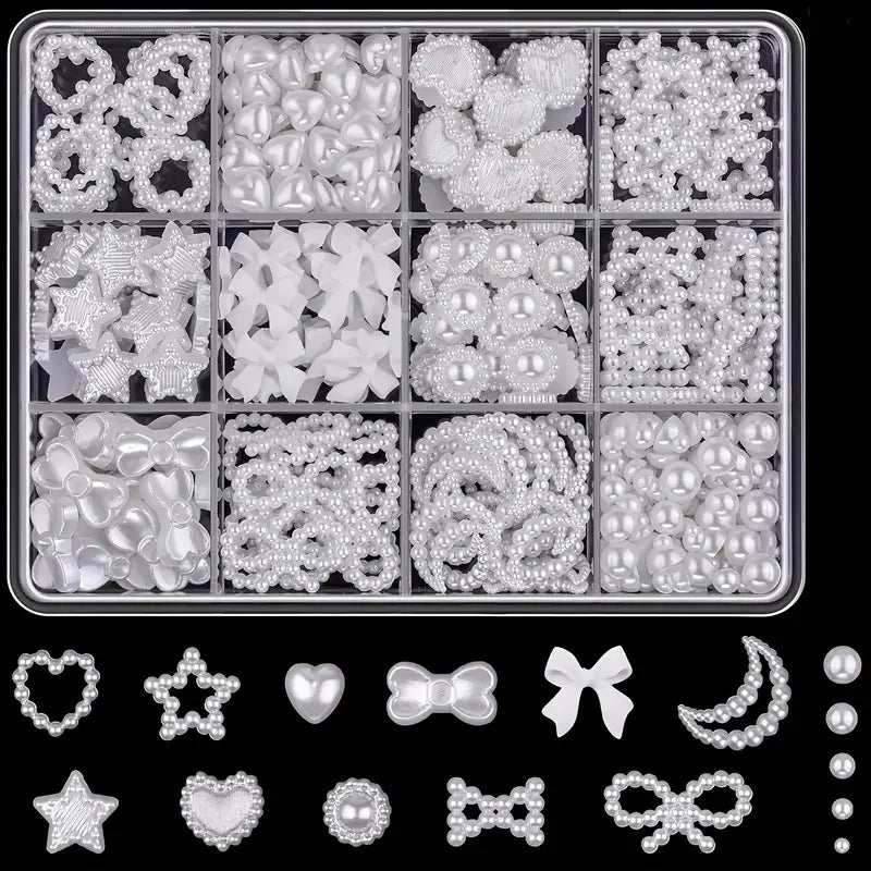 500PCS 3D Nail Art Decoration Kit with Resin Bows, Flat Back Pearls, and Assorted Shapes