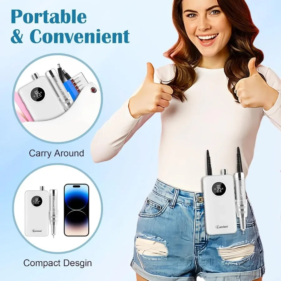 Professional 35000RPM Cordless Electric Nail File Drill for Acrylic Nails and Gel Remover Portable Rechargeable EFile with 7 Bi