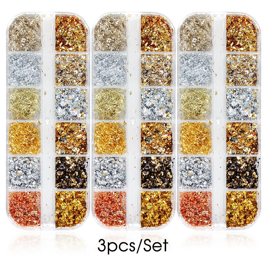 12 Color Gold Foils Gorgeous Nails Glitter Random Aluminum Flakes Paillette Chip Nail Design Shinny Sparkles Nail Art Decoration