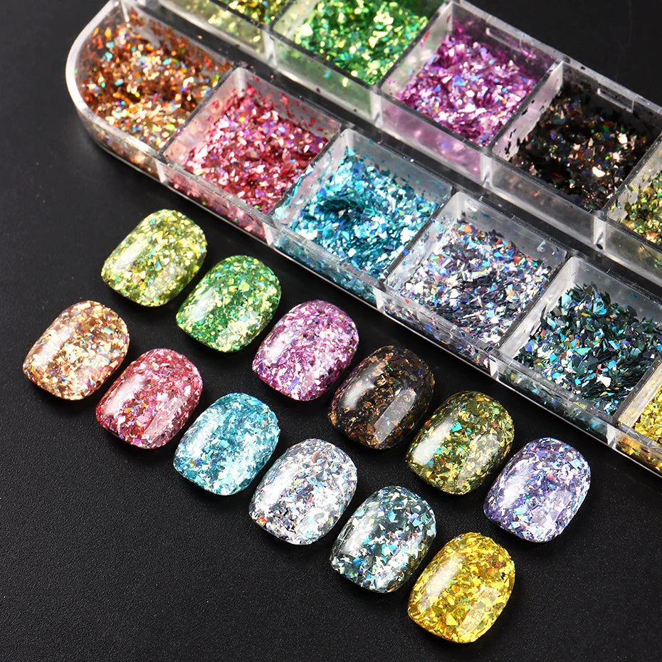 12 Holographic Glitter Nail Art Sequins Sparkly Irregular Nail Flakes Powder Nail Art Mermaid Makeup Manicure Decorations