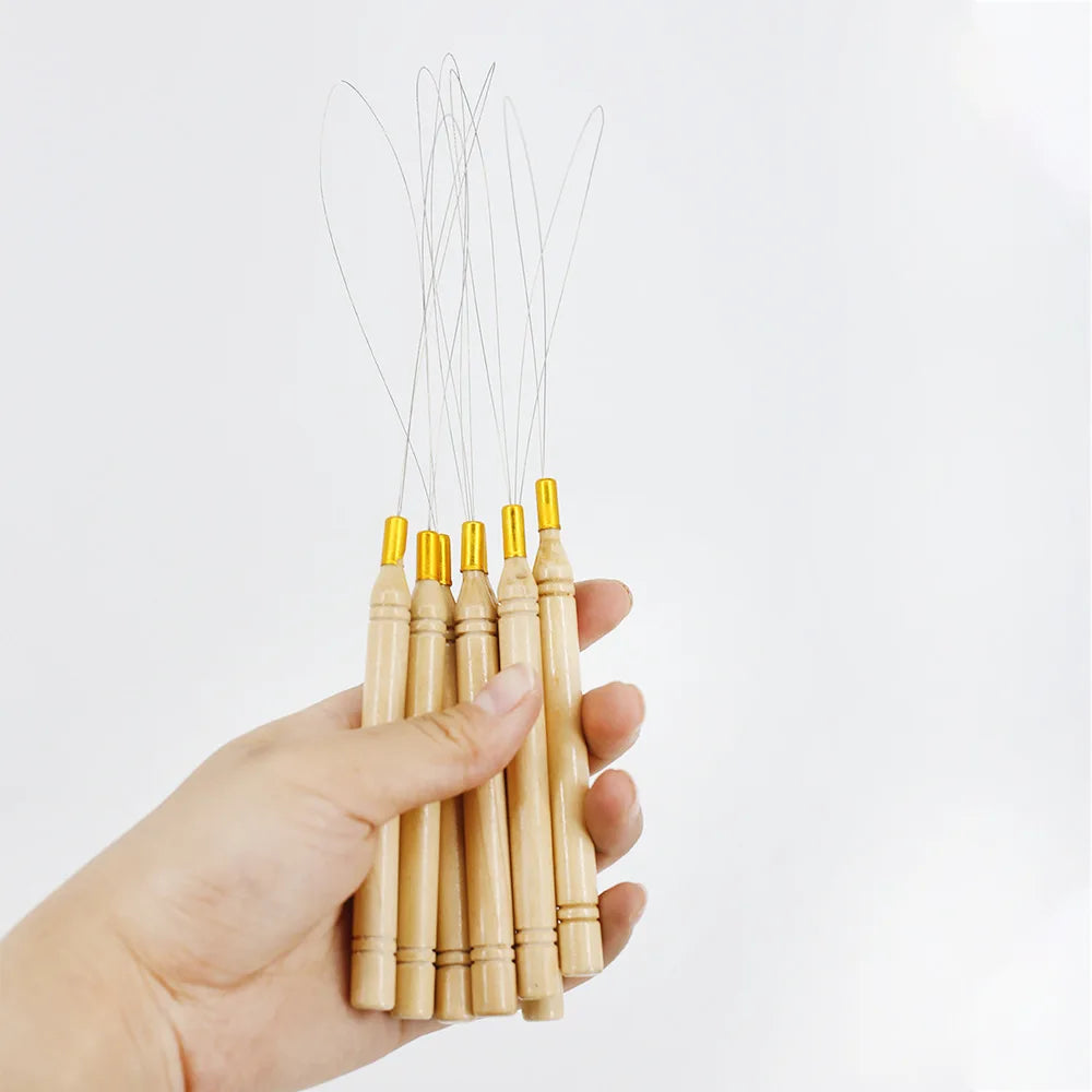 Wooden Handle Hair Extension Tool Accessories Cross Stitch Pulling Needle Beads Micro Rings Loop Threader Pulling Needle