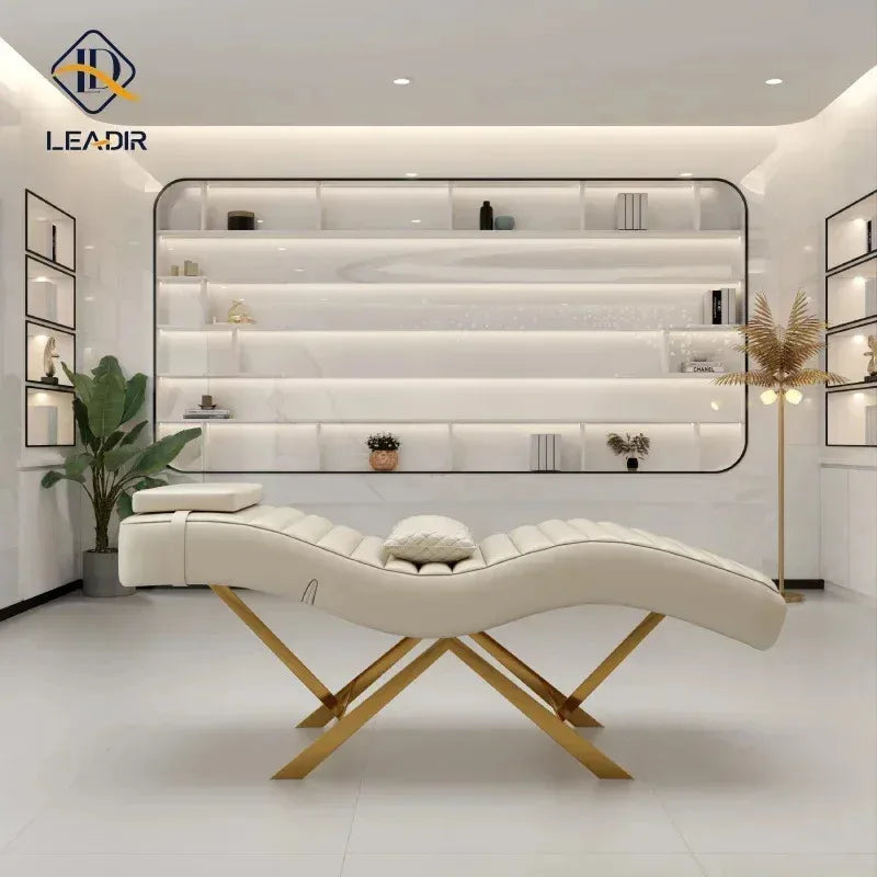Modern gold base, massage table for beauty salon, eyelash extension, complete furniture set