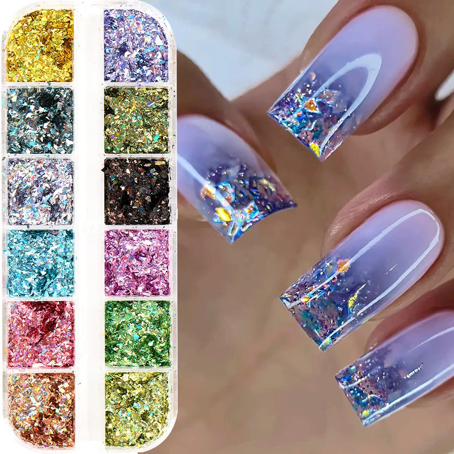 12 Holographic Glitter Nail Art Sequins Sparkly Irregular Nail Flakes Powder Nail Art Mermaid Makeup Manicure Decorations