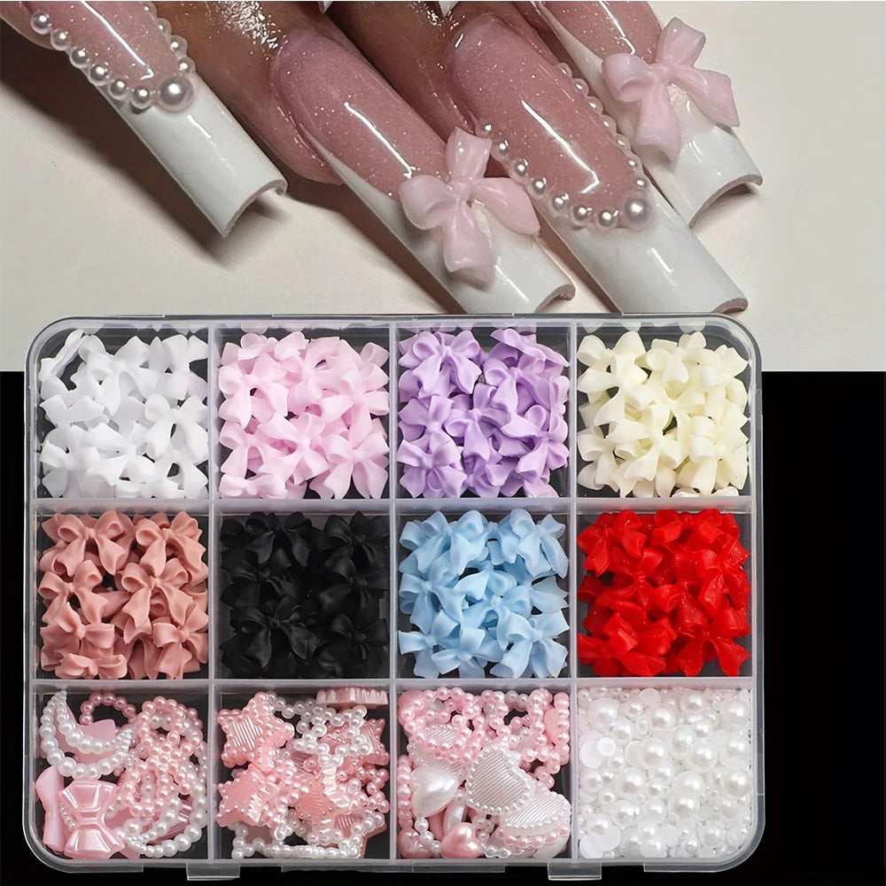 500PCS 3D Nail Art Decoration Kit with Resin Bows, Flat Back Pearls, and Assorted Shapes