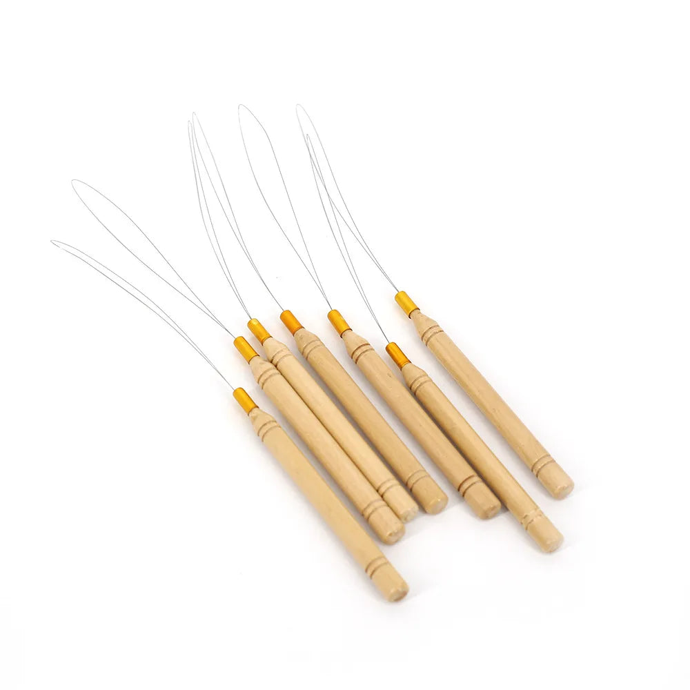 Wooden Handle Hair Extension Tool Accessories Cross Stitch Pulling Needle Beads Micro Rings Loop Threader Pulling Needle