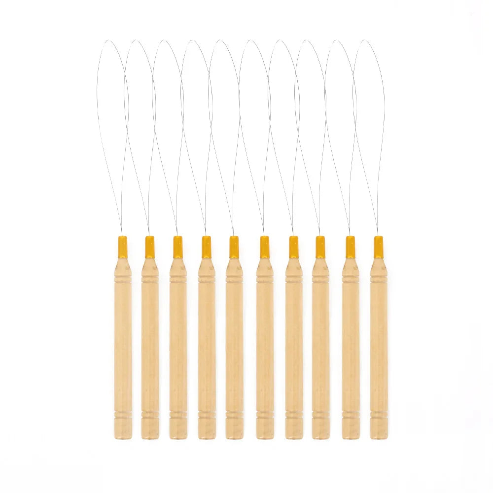 Wooden Handle Hair Extension Tool Accessories Cross Stitch Pulling Needle Beads Micro Rings Loop Threader Pulling Needle