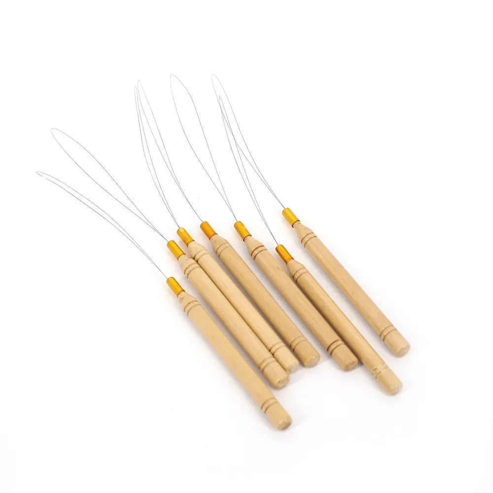 Wooden Handle Hair Extension Tool Accessories Cross Stitch Pulling Needle Beads Micro Rings Loop Threader Pulling Needle