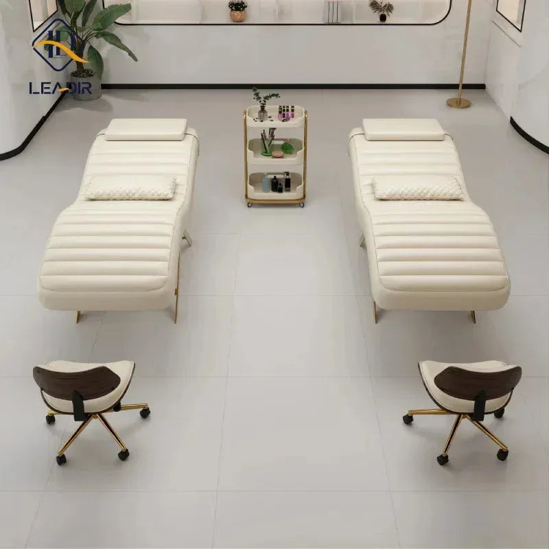 Modern gold base, massage table for beauty salon, eyelash extension, complete furniture set