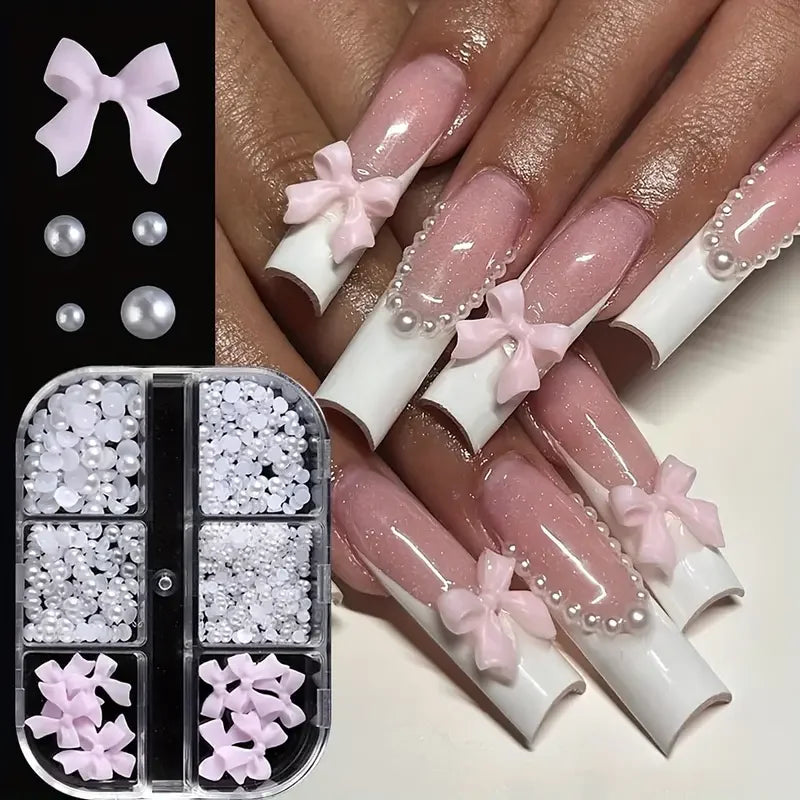 500PCS 3D Nail Art Decoration Kit with Resin Bows, Flat Back Pearls, and Assorted Shapes
