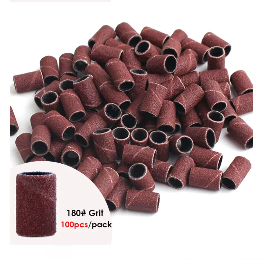 100/50pc Sanding Cap Bands For Electric Manicure Machine 180/120/80 Grit Nail Drill Grinding Bit Files Pedicure Tool Set