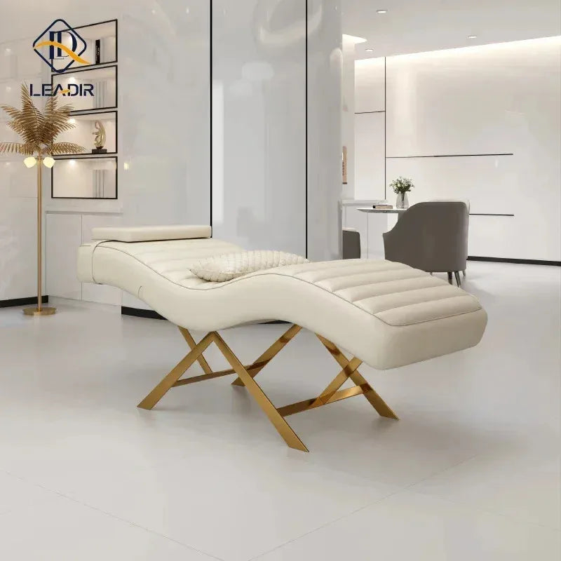 Modern gold base, massage table for beauty salon, eyelash extension, complete furniture set