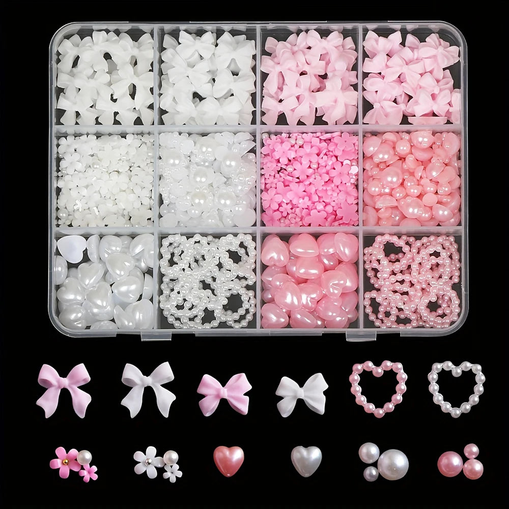 500PCS 3D Nail Art Decoration Kit with Resin Bows, Flat Back Pearls, and Assorted Shapes