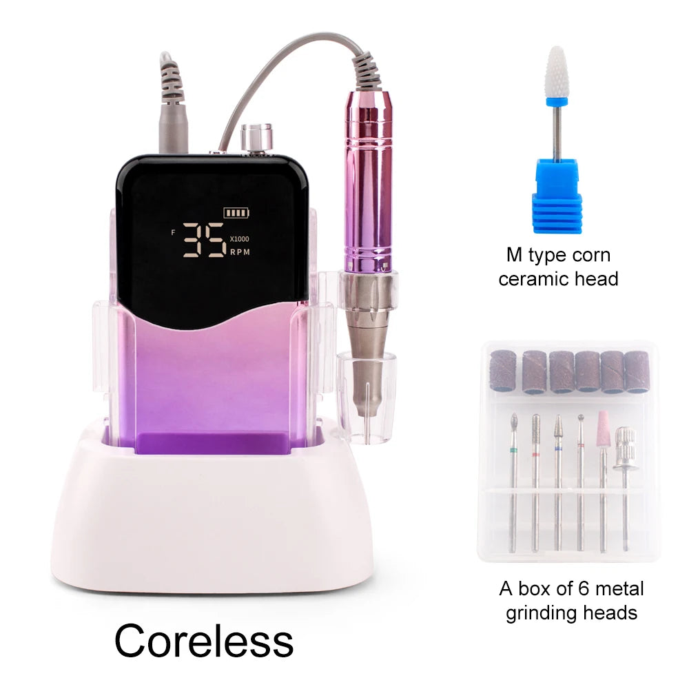 Cordless Motor Nail Drill 35000RPM Machine Portable Rechargeable Cordless Efile Powerful 65w Moving-coil Wave Display with Base