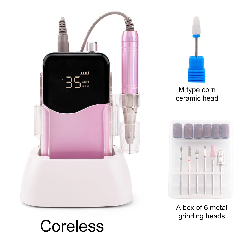 Cordless Motor Nail Drill 35000RPM Machine Portable Rechargeable Cordless Efile Powerful 65w Moving-coil Wave Display with Base
