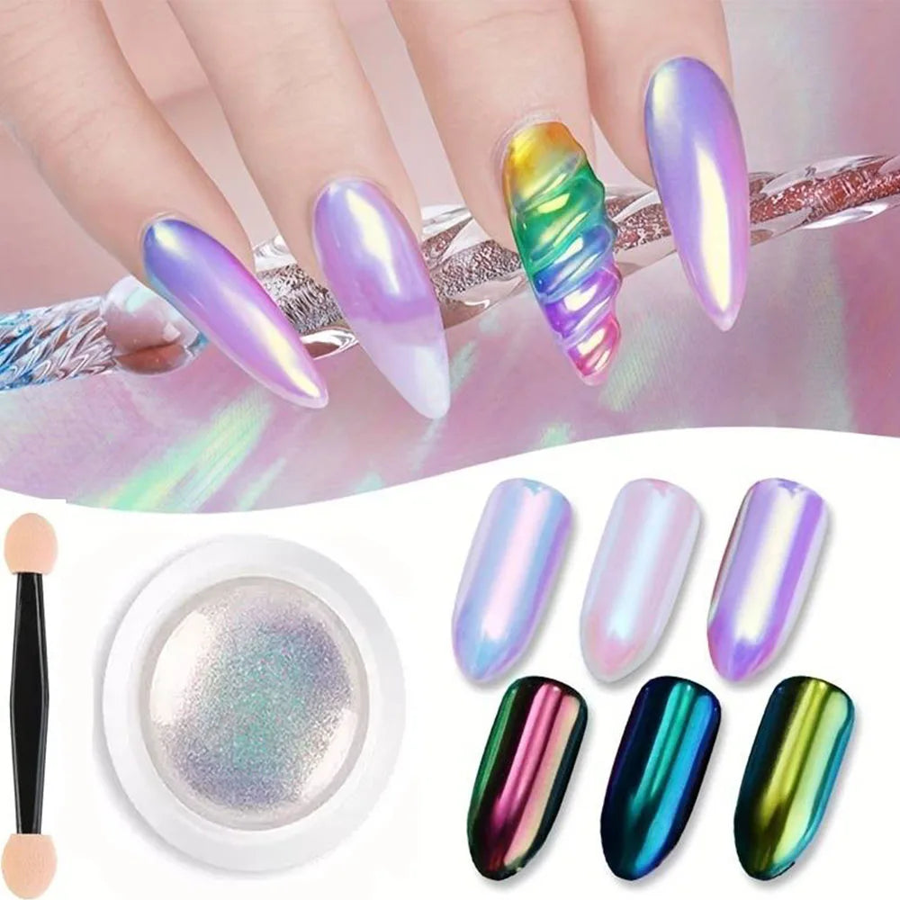 1 jar Pearl Effect Nail Powders Mirror Aurora Chrome Mermaid Nails Art Powder Rainbow AB Magic Mirror Pearl Shell Powder