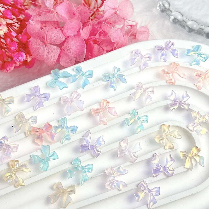 50pcs 3D Aurora Clear Resin Bow Nail Art Charms Cute Butterfly Glitter Nails Decoration Supplies Jewellery Accessories DIY