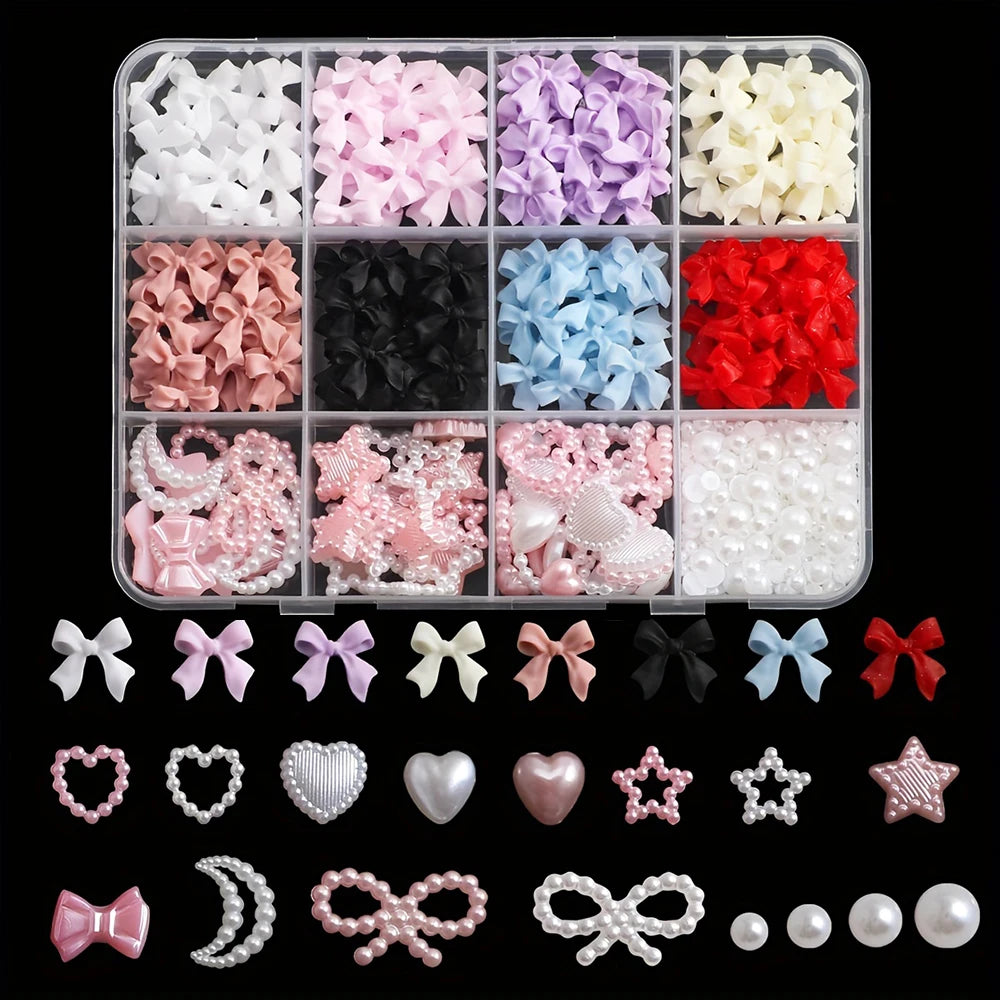 500PCS 3D Nail Art Decoration Kit with Resin Bows, Flat Back Pearls, and Assorted Shapes