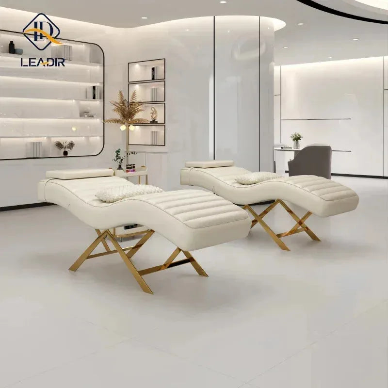 Modern gold base, massage table for beauty salon, eyelash extension, complete furniture set