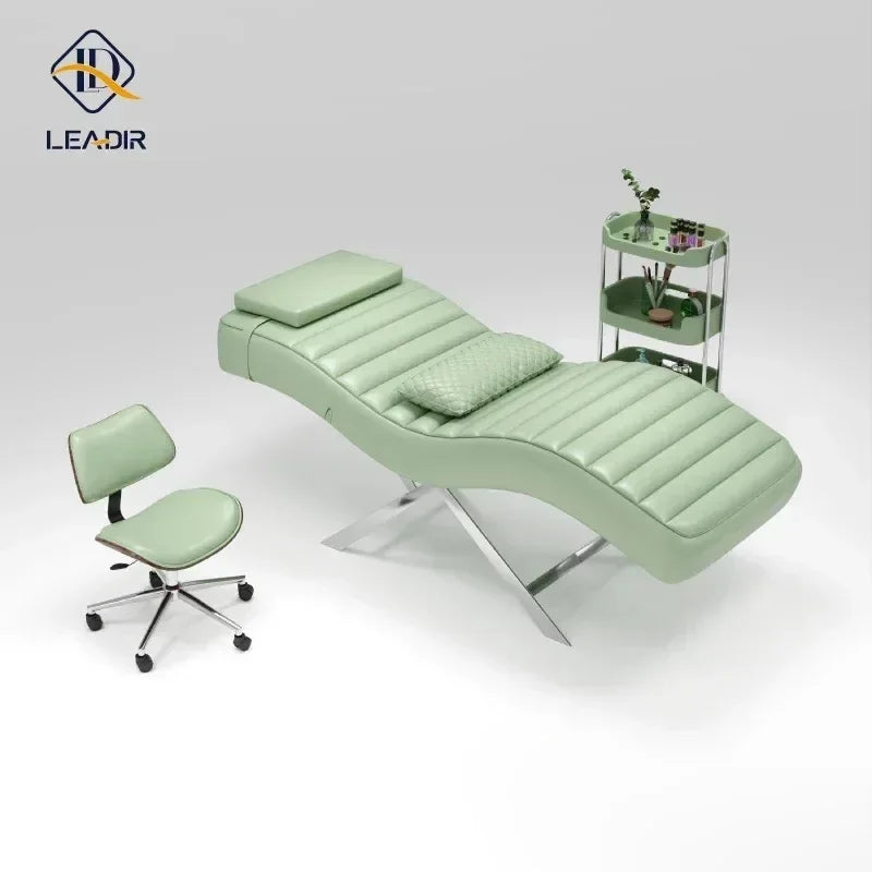 Modern gold base, massage table for beauty salon, eyelash extension, complete furniture set