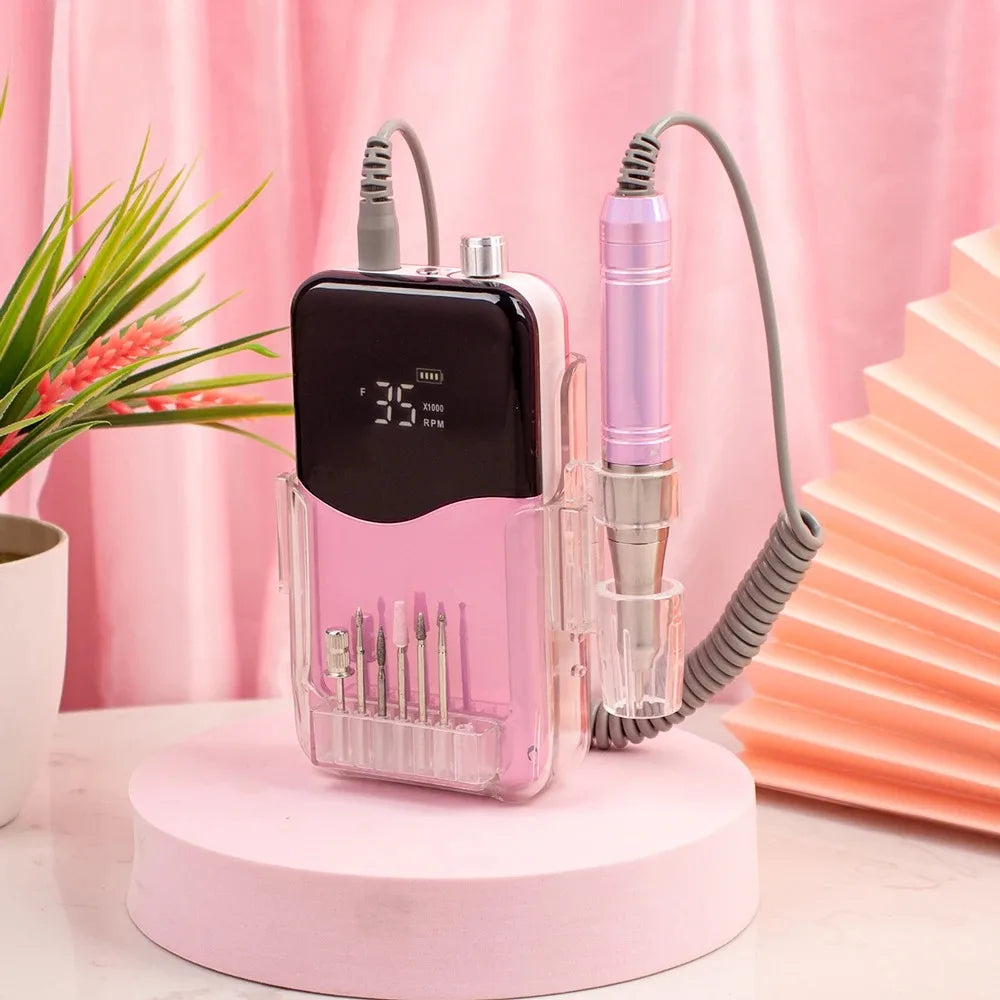 Cordless Motor Nail Drill 35000RPM Machine Portable Rechargeable Cordless Efile Powerful 65w Moving-coil Wave Display with Base