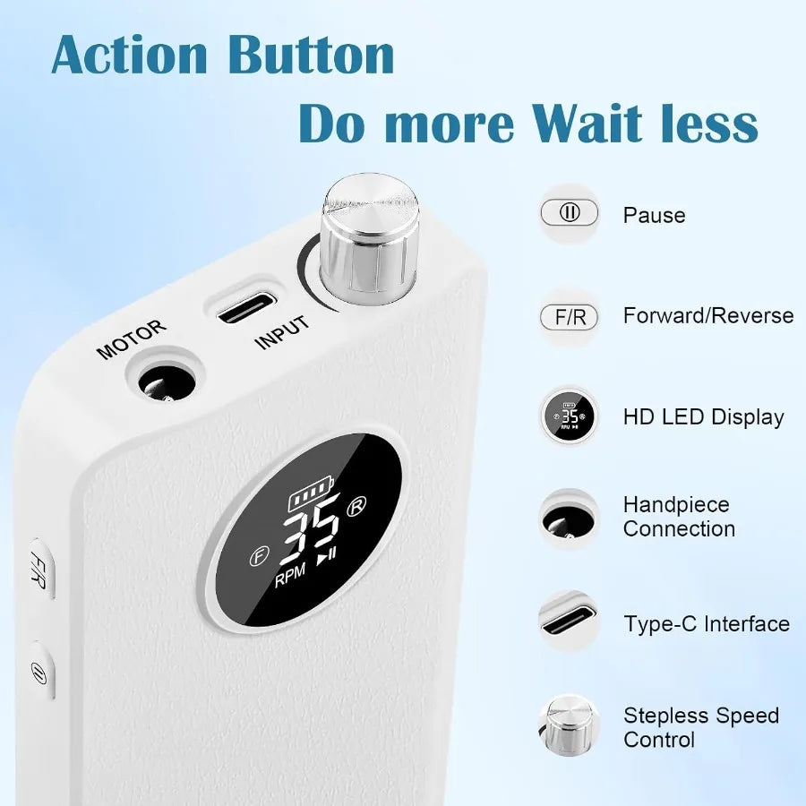 Professional 35000RPM Cordless Electric Nail File Drill for Acrylic Nails and Gel Remover Portable Rechargeable EFile with 7 Bi