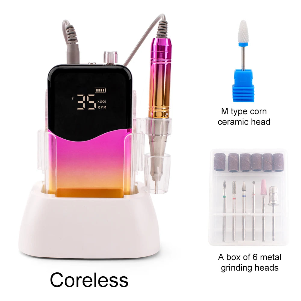 Cordless Motor Nail Drill 35000RPM Machine Portable Rechargeable Cordless Efile Powerful 65w Moving-coil Wave Display with Base